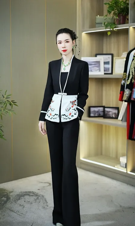 布衣告白88017-2025春季新款中式国风撞色拼接木棉花刺绣气质套装