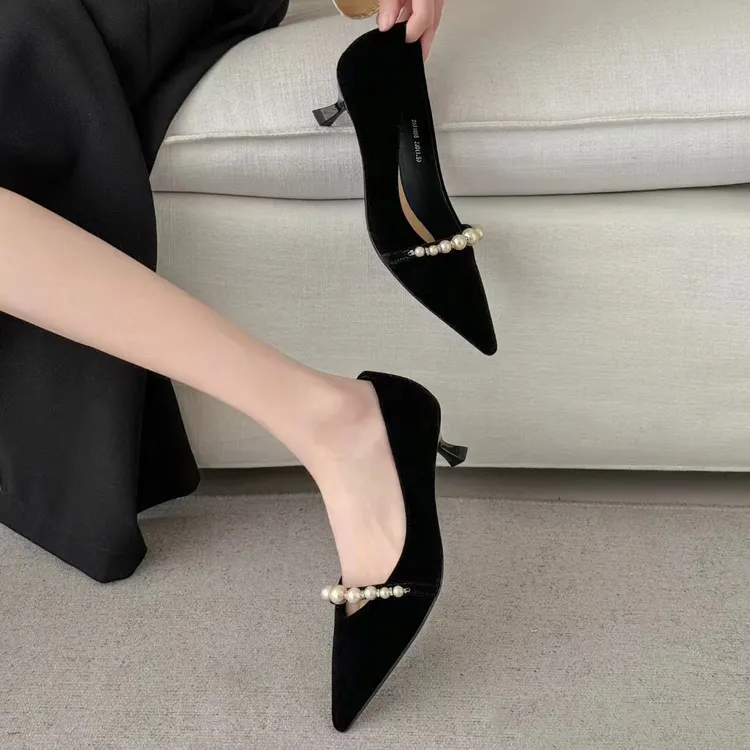 【小贝家】一代4cm丝绒浅口尖头细跟珍珠法式单鞋性感高跟鞋1898