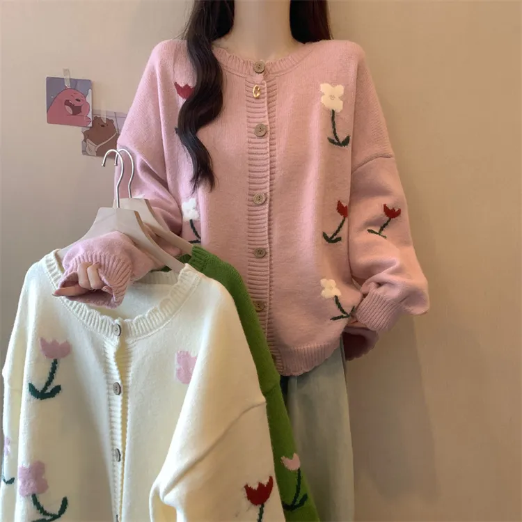 伊品胖MM大码韩版温柔风甜美针织衫女2025春秋季新款宽松百搭开衫