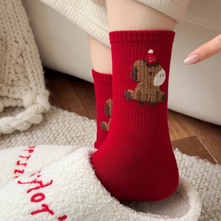 马年本命年条纹卡通可爱袜子女红色中筒棉袜2026属马喜庆新年红袜