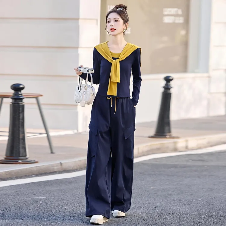 慵懒风撞色披肩长袖上衣工装阔腿裤两件套女2025春秋新款休闲套装
