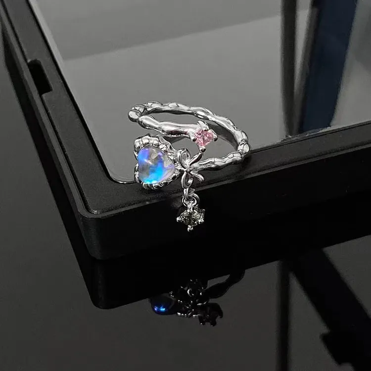 铜合金锆石戒指 爱心蝴蝶结开口戒指时尚小众指环 设计感气质简约