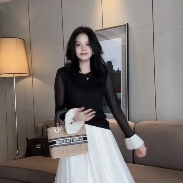 《朵妈衣橱》春装蕾丝拼接针织打底衫女修身显瘦洋气百搭长袖上衣