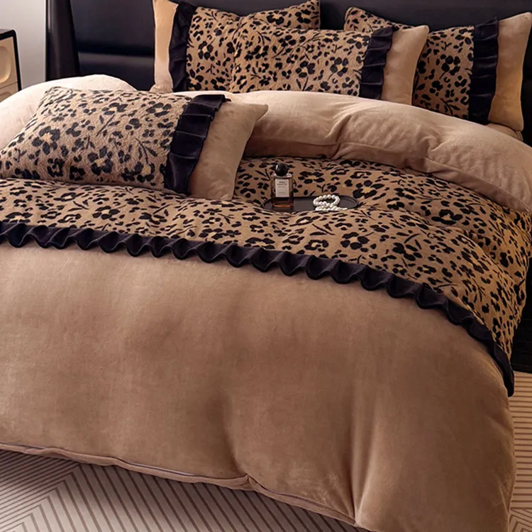 水星高端适用家纺复古法式公主风牛奶绒四件套冬季加厚珊瑚绒花边