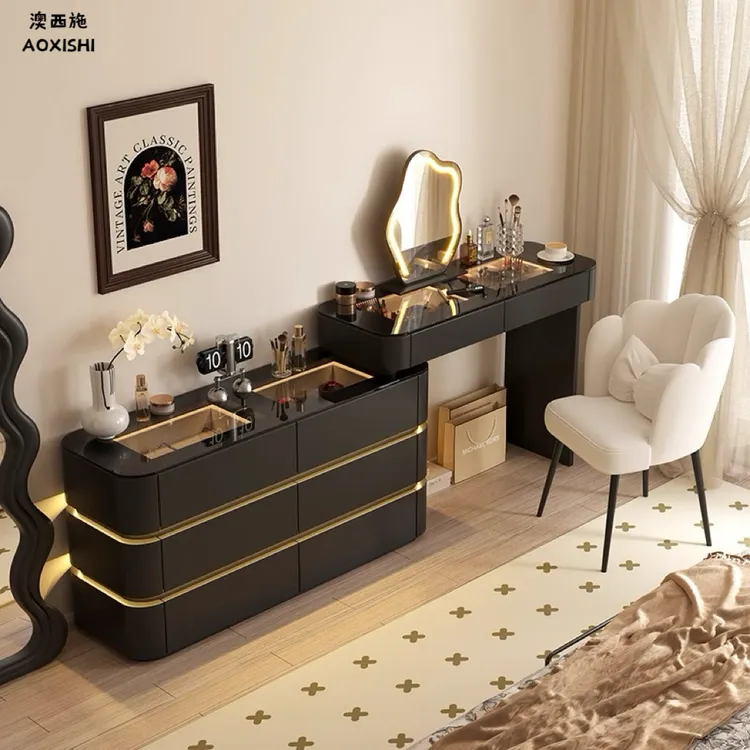 澳西施新款实木梳妆台透明玻璃台面展示柜卧室简约化妆桌斗柜一体