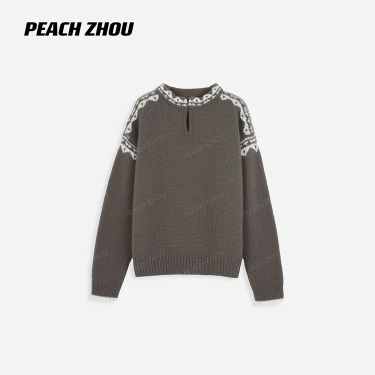 『PEACHZHOU』100羊毛撞色勾花系扣半开圆领毛衣复古休闲长袖针织衫