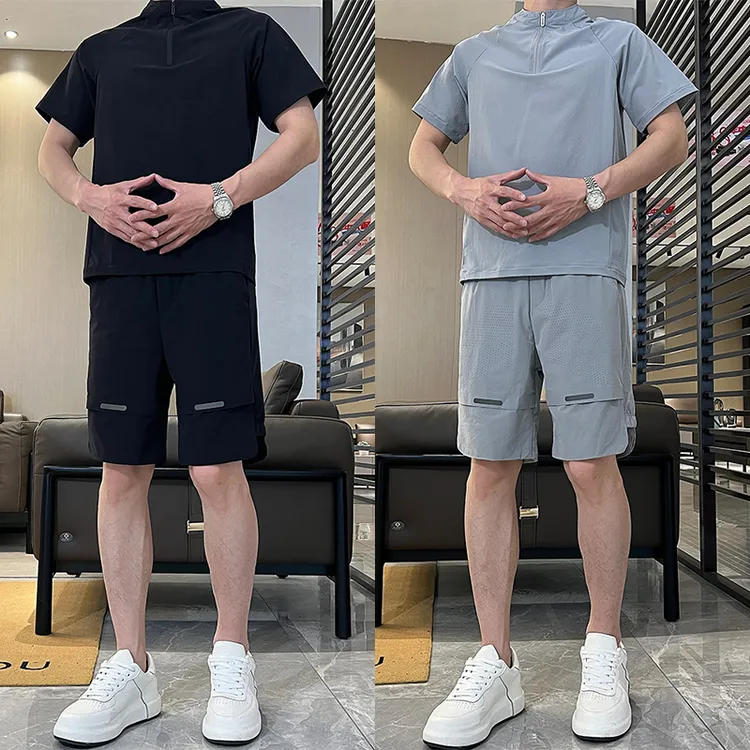 夏季新款网眼冰丝半拉链短袖短裤两件套潮流简约透气速干休闲套装