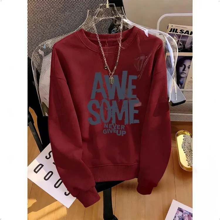 潮牌红色圆领加绒卫衣女新款秋冬马年本命年衣服新年过年洋气上衣