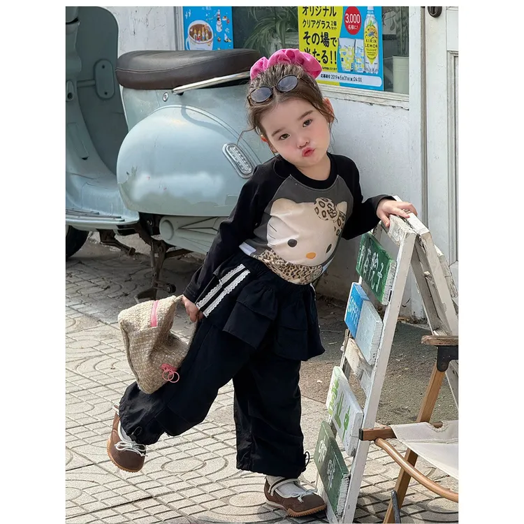 女童秋季KT套装儿童休闲裤宽松工装裤黑色条纹阔腿长裤