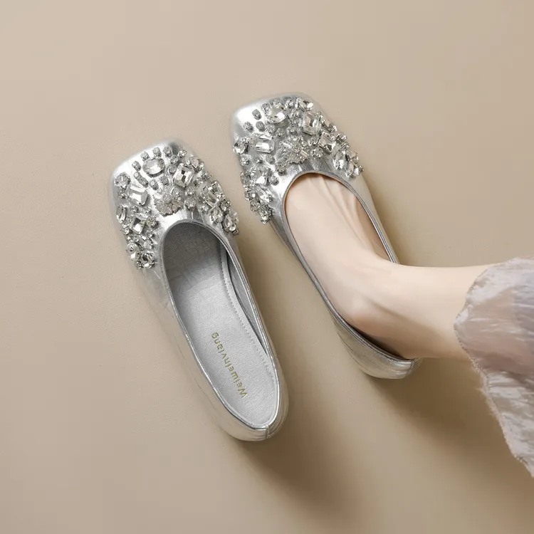 2025夏季新款方低帮单鞋女底水钻简约浅口百搭名媛配裙子女鞋