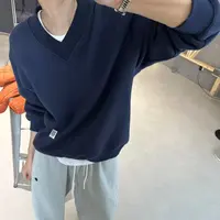 琴仔 藏青色小标V领宽松套头针织卫衣 Z1103