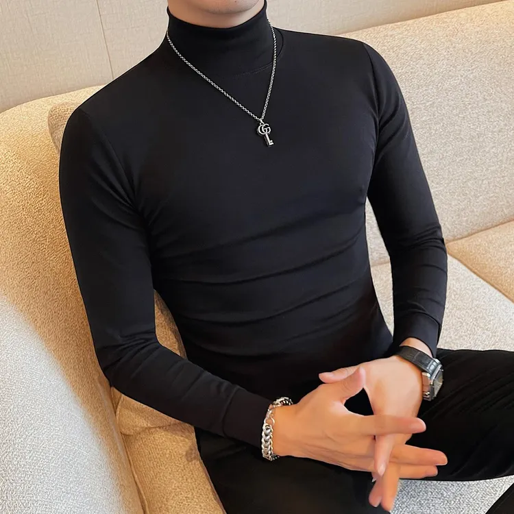半高领T恤男长袖春秋季百搭纯色韩版修身中领打底衫紧身T恤上衣
