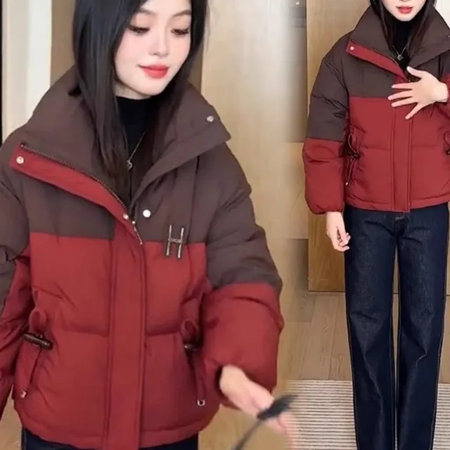 韩式冬季女性时尚色块立领棉衣新设计小众加厚棉衣短外衣