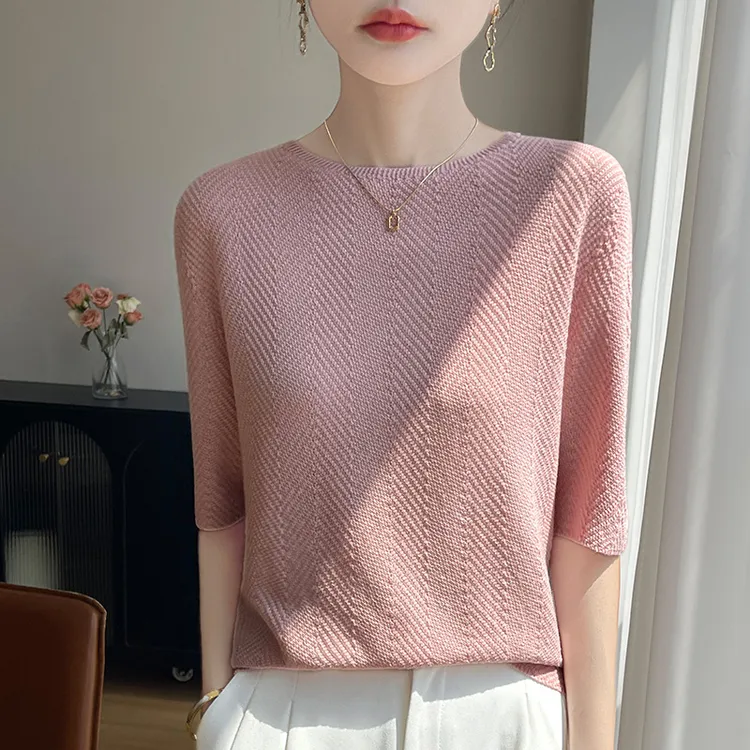 夏季新款圆领短袖蚕丝针织衫气质宽松t恤薄款精纺羊毛半袖打底衫