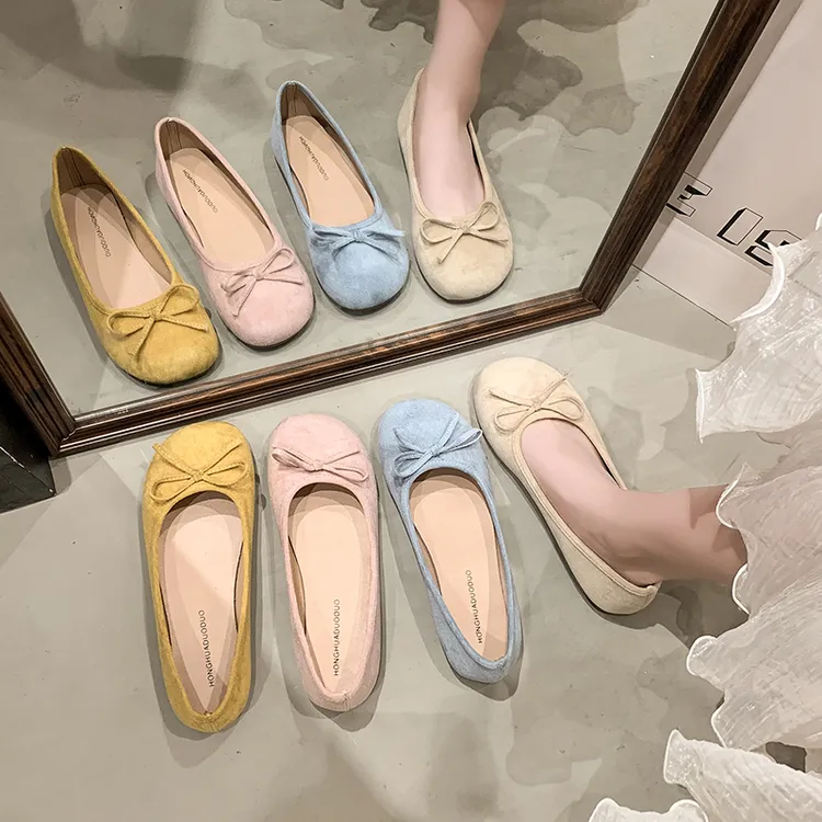 圆头配裙子蝴蝶结春季新款温柔芭蕾舞平底鞋法式复古绒面浅口软底