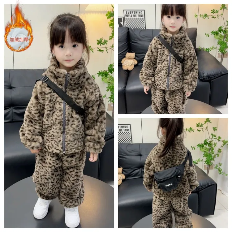 女童保暖加绒加厚休闲风秋冬儿童洋气豹纹套装冬季
