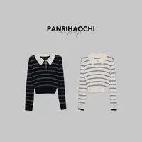 PANPAN“香榭丽毛衫”秋季新款慵懒风polo领撞色条纹双色长袖