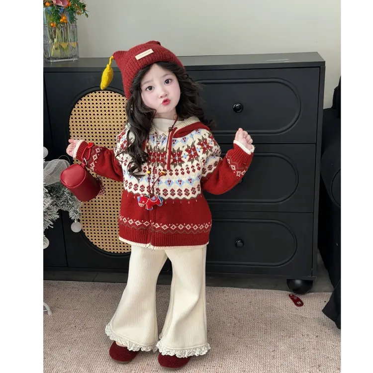 女童秋冬新款韩版红色连帽针织开衫圣诞保暖毛衣外套