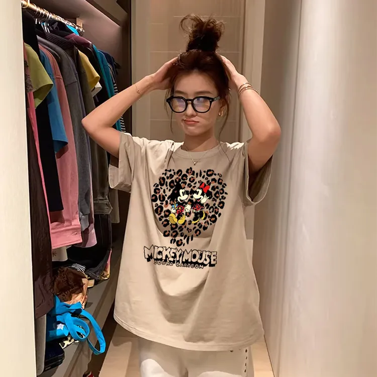 港风ins米奇豹纹卡通潮牌百搭t恤上衣洋气女装纯棉短袖情侣装半袖