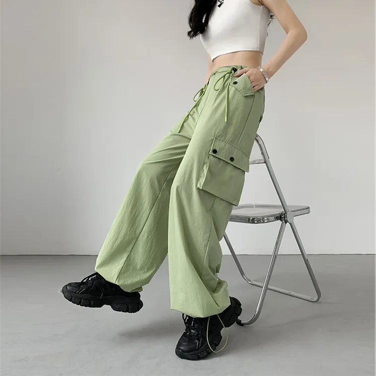 锦纶工装裤女装休闲裤薄款夏季新款高腰口袋辣妹阔腿两穿女装裤子