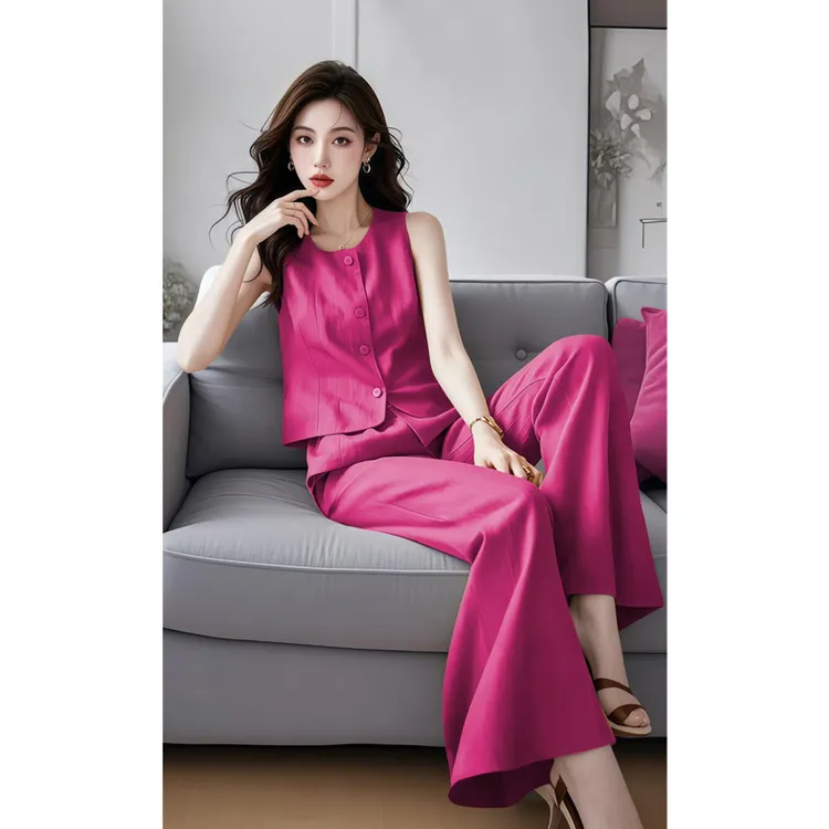 开春穿搭一整套气场强大欧货炸街减龄时尚高级感玫红色马甲套装