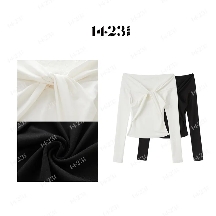 1423【甜蜜告白】蕾丝拼接一字肩扭结设计薄款长袖显瘦百搭上衣T恤