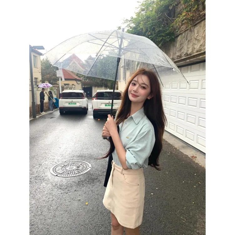 MARIE.COCO2025开春衣服韩系薄荷绿气质长袖衬衫上衣显瘦包臀短裙