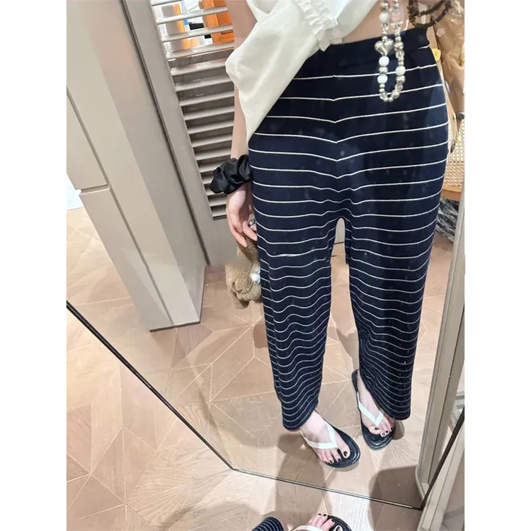 运费补贴 蓝白条纹 超舒服条纹九分休闲裤 百搭针织直筒裤女