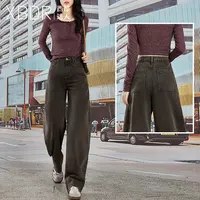 2025秋季新款摩登灰时髦牛仔裤女高腰显瘦提臀阔腿半拼接特色长裤