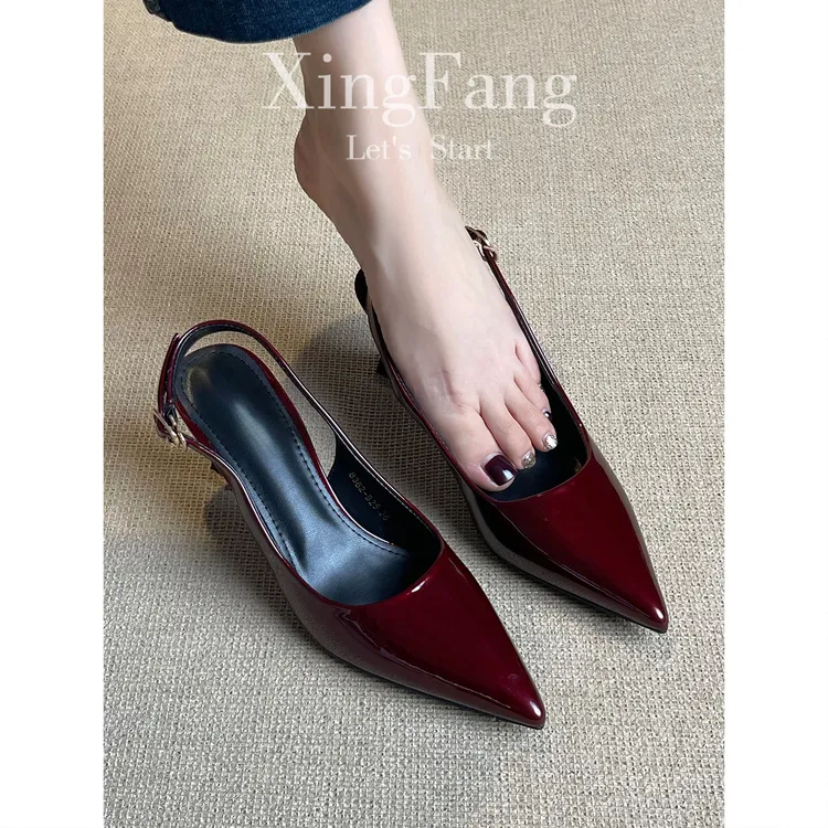 牛皮版~性感包头凉鞋女2025新款气质百搭一字扣带细跟尖头高跟鞋