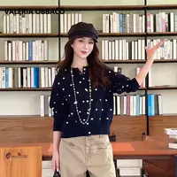 VALERIAOBBACO/瓦莱丽娅 奥贝科VO花边领藏青色灰色波点针织开衫