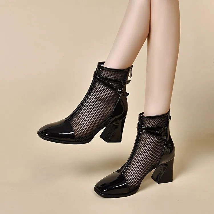 2025新款凉鞋女款夏季马丁靴高跟网靴网纱镂空短靴真皮女鞋凉靴子
