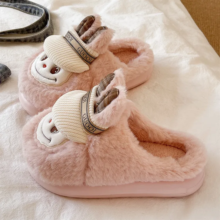 棉拖鞋女款冬季可爱帽子兔子室内居家防滑厚底保暖加绒毛毛月子鞋