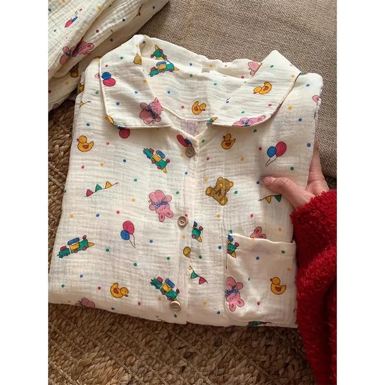 春秋季新款卡通大码柔软婴儿棉舒适长袖长裤睡衣女外穿家居服套装