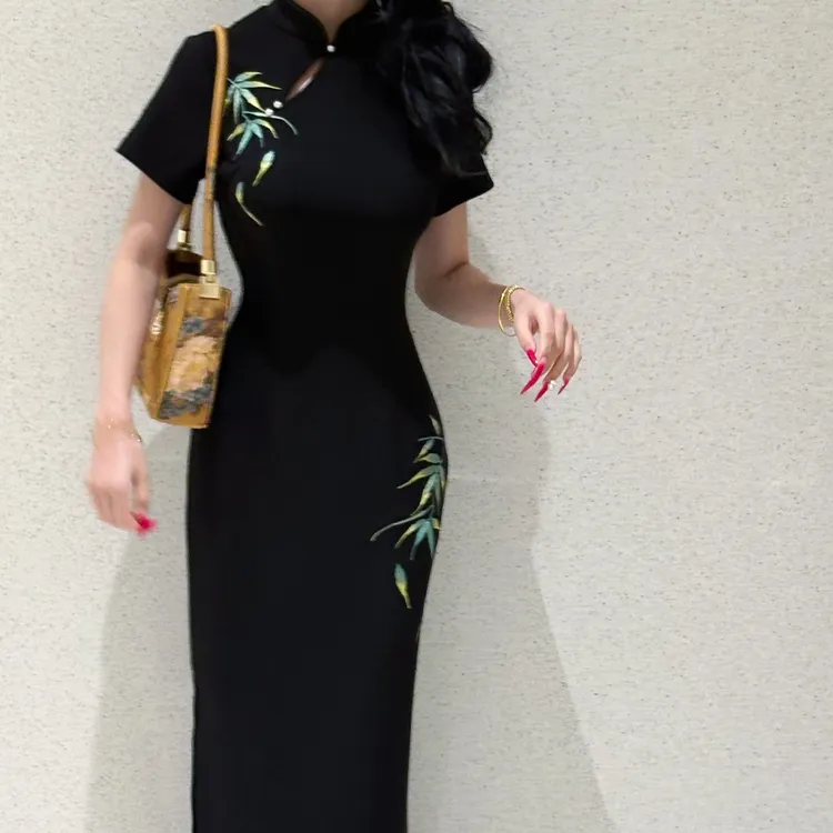 LHMknk1画报夫人原创自制刺绣新中式国风女装旗袍连衣裙 短袖玉竹