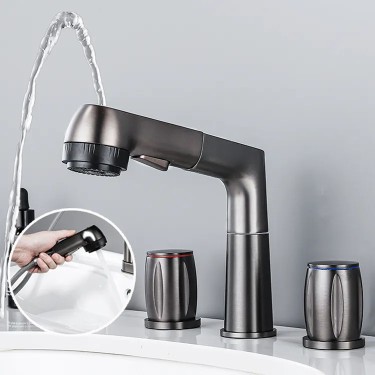 枪灰水龙头欧式三件套全铜旋转抽拉伸缩冷热面盆漱口三孔分体洗头