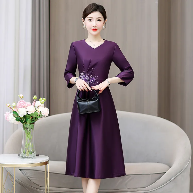 妈妈旗袍礼服长袖连衣裙女2025年春秋冬新款喜婆婆婚宴装时尚裙子
