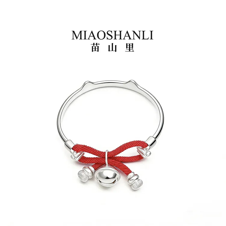 足银手镯 足银手镯 原创小猫铃铛耳朵光面手镯耳朵铃铛足银999