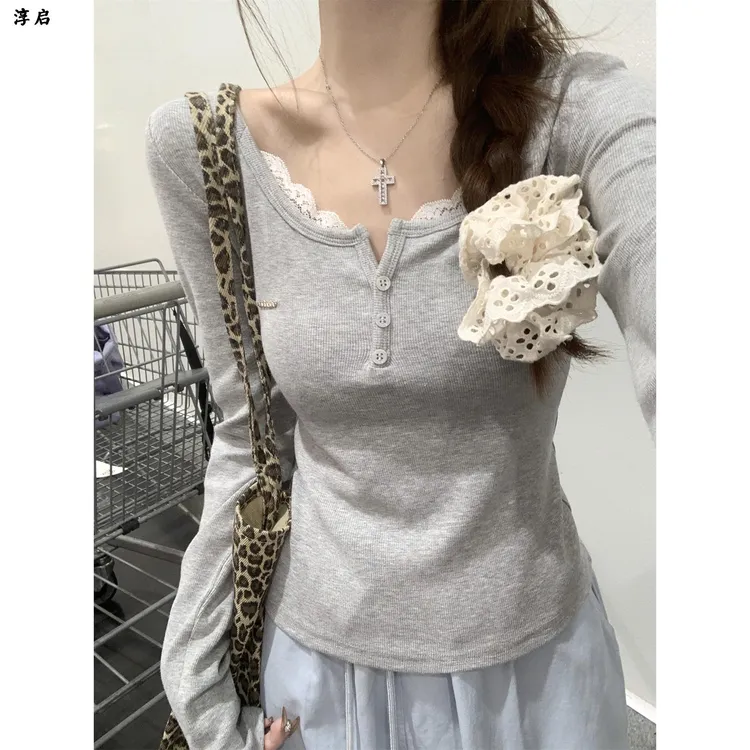 淳启时尚半开领蕾丝纽扣长袖女式恤秋季苗条韩国甜美别致内底上衣
