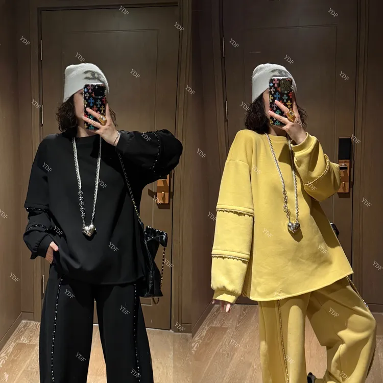 YDFSTUDIO小众【视觉焦点】欧货高品重工钉珠拼接设计上衣+裤子套装