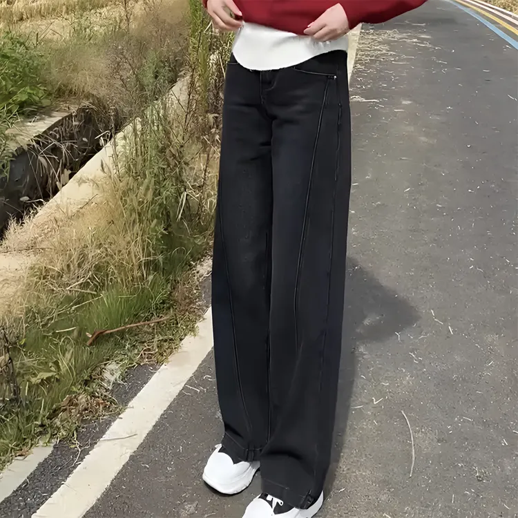 2025年春秋新款加绒牛仔裤女大码显瘦窄版直筒阔腿裤遮肉拖地长裤