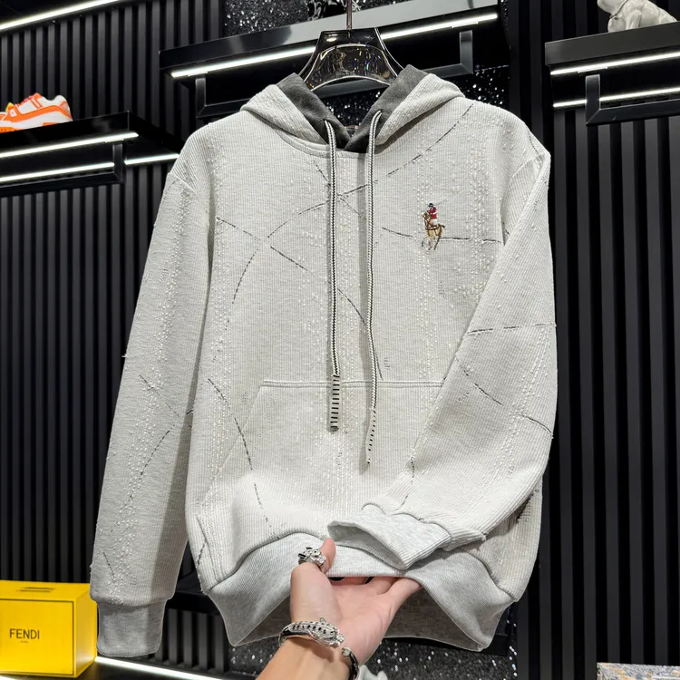 那因波勒男士秋冬刺绣破洞连帽卫衣潮牌宽松系带厚款百搭帽衫上衣