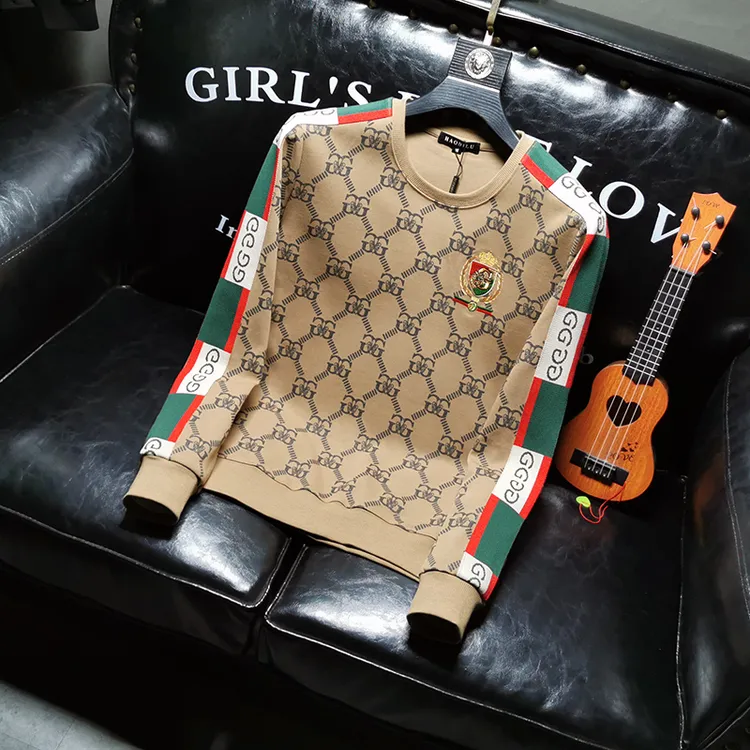 吉伦略索欧版春秋新款男字母刺绣拼接卫衣潮牌运动休闲打底体恤衫