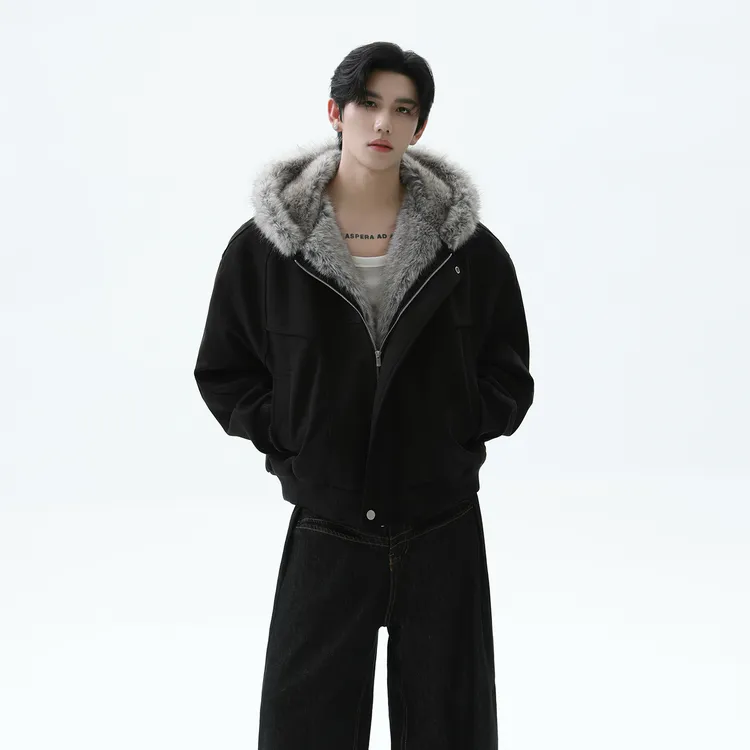 TURNTIDE「寒流克星 短款结构」仿狼毛哈灵顿连帽座山雕棉服外套男