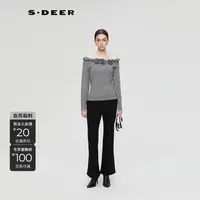 S·DEER圣迪奥女装秋季休闲风时尚灰色显白露肩一字领花边上衣