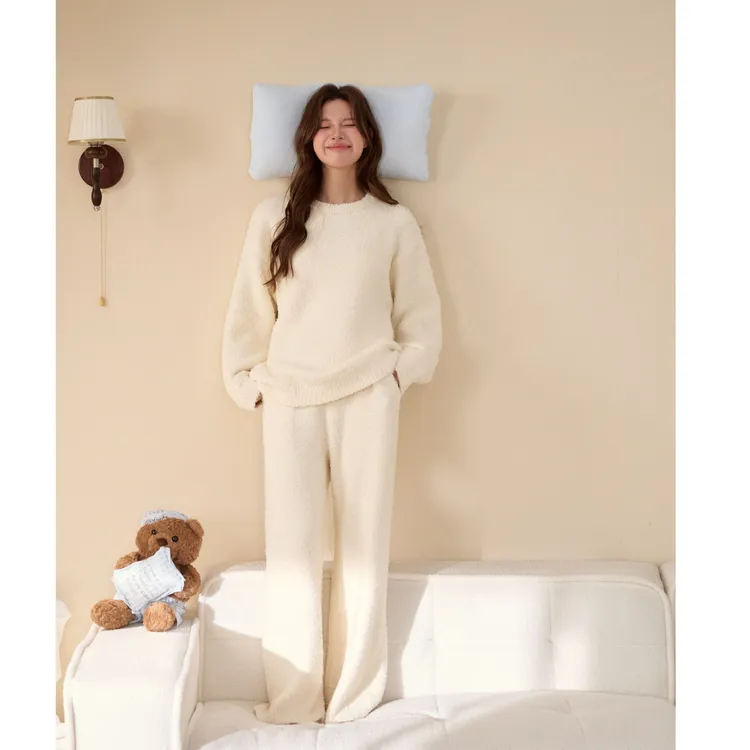 秋冬新款简约宽松半边绒家居服加绒毛绒睡衣两件套圆领女套装HG