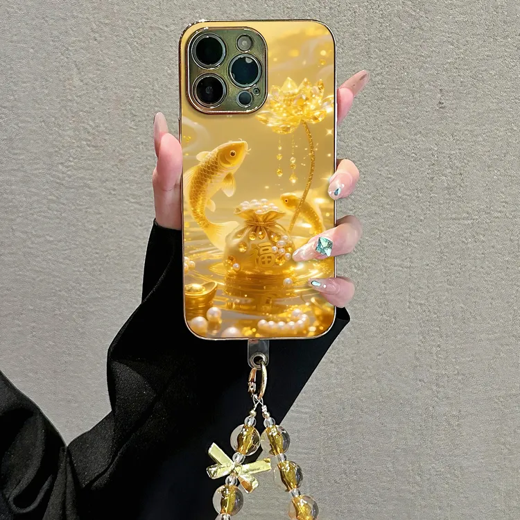 发财金鱼适用苹果vivo华为oppo小米iPhone17电镀玻璃防摔手机壳
