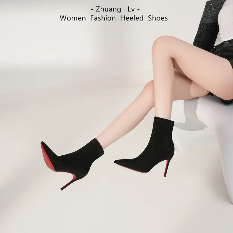红底裸色高跟鞋短靴女2025年秋加绒细跟尖头瘦瘦靴性感御姐靴子女
