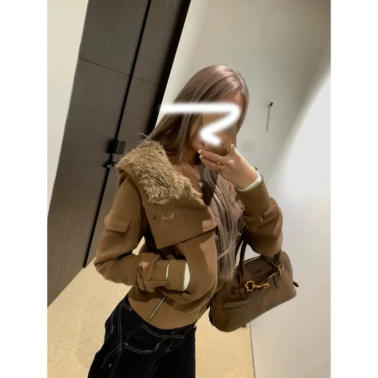 焦糖可颂 韩版气质毛领短款保暖外套卫衣女秋冬百搭时尚显瘦网红