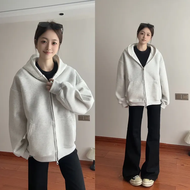 纯色美式潮牌重磅连帽卫衣男款秋冬高级感cleanfit双拉链开衫外套